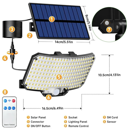 Lámpara Solar para Exterior 234 LED – Sensor de Movimiento, 3 Modos y Control Remoto | Resistente al Agua